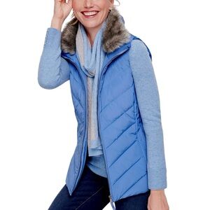 Talbots Down Fill Puffer Vest Blue Removable Faux Fur Collar Preppy SP S Petite